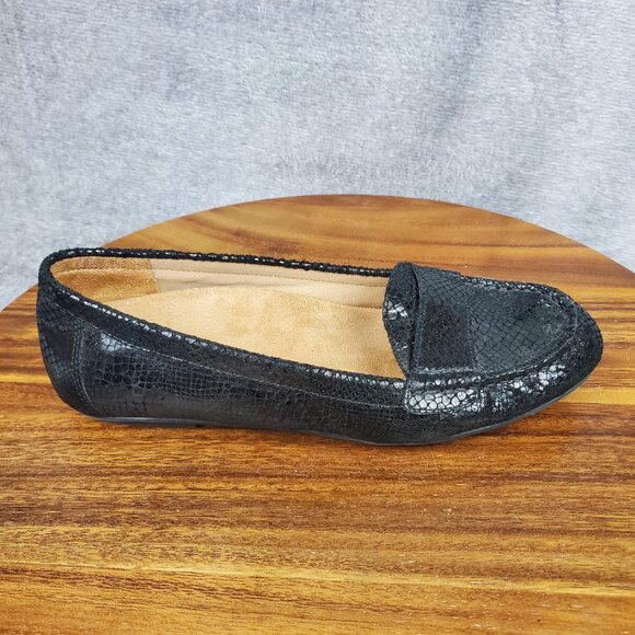 Vionic Larrun Flats Womens 6.5 Black Leather Snake Print Slip On Comfort Loafers - Picture 1 of 8